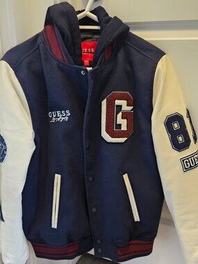 GUESS Lark Hooded Varsity Jacket Snap Button & Zipper | Navy & White (Small)